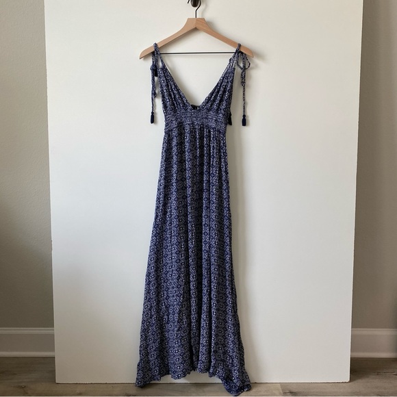 Lulus LuLu's Field Day Navy Blue Print Tie Strap Maxi Dress Knit Paisley Floral - Picture 4 of 5